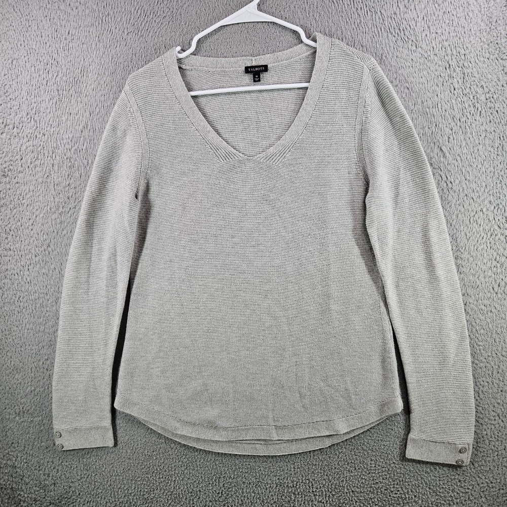 Talbots Womens Grey V-Neck Sweater Cotton Rayon Blend Curved Hem Size M
